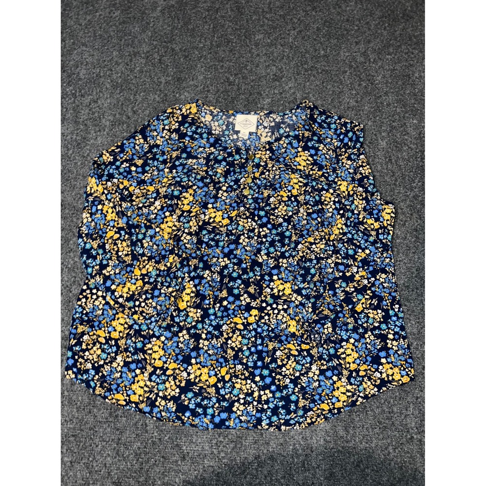 St. Johns Bay Womens PL Navy Blue Floral Rayon Button Neck Blouse Top